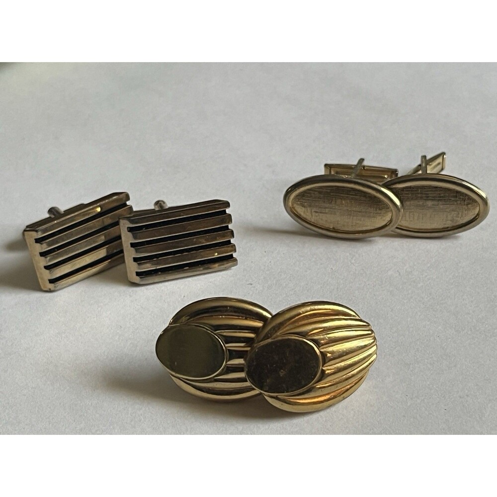 Vintage Mid Century Cufflinks Lot 3 Pairs Gold Tone Deco Mod